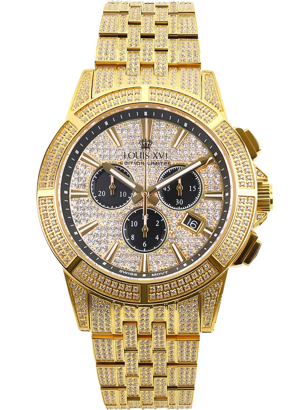 Louis XVI LXVI1123 Majeste Iced Out Chronograph Mens Watch 43mm 5ATM