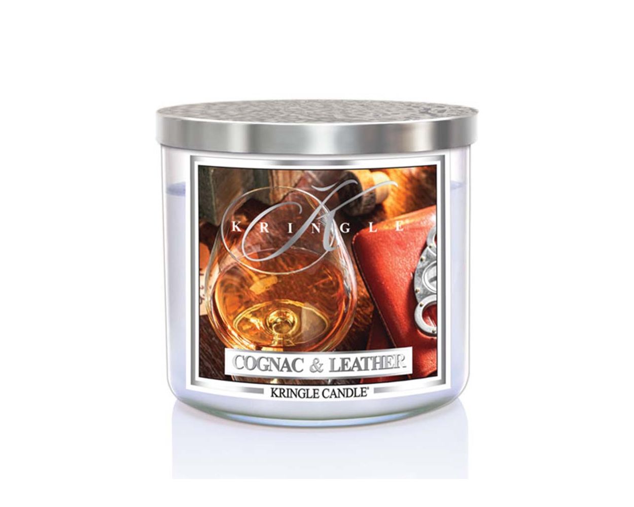 Świeca zapachowa Kringle Candle Cognac & Leather z 3 knotami 411g